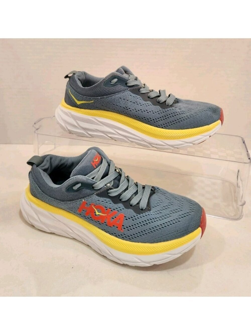 Hoka Clifton 7 Youth Kids Running Shoes Size 5.5 Blue Yellow Athletic